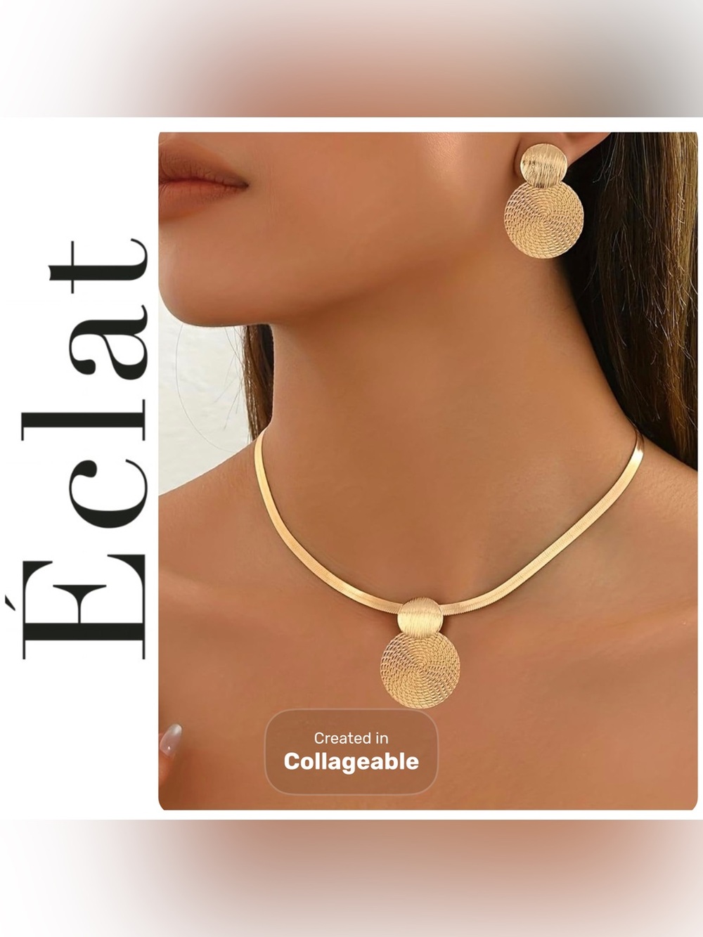 14K Gold Plated Textured Disc Pendant Necklace and Earring Set Flat Snake Chain